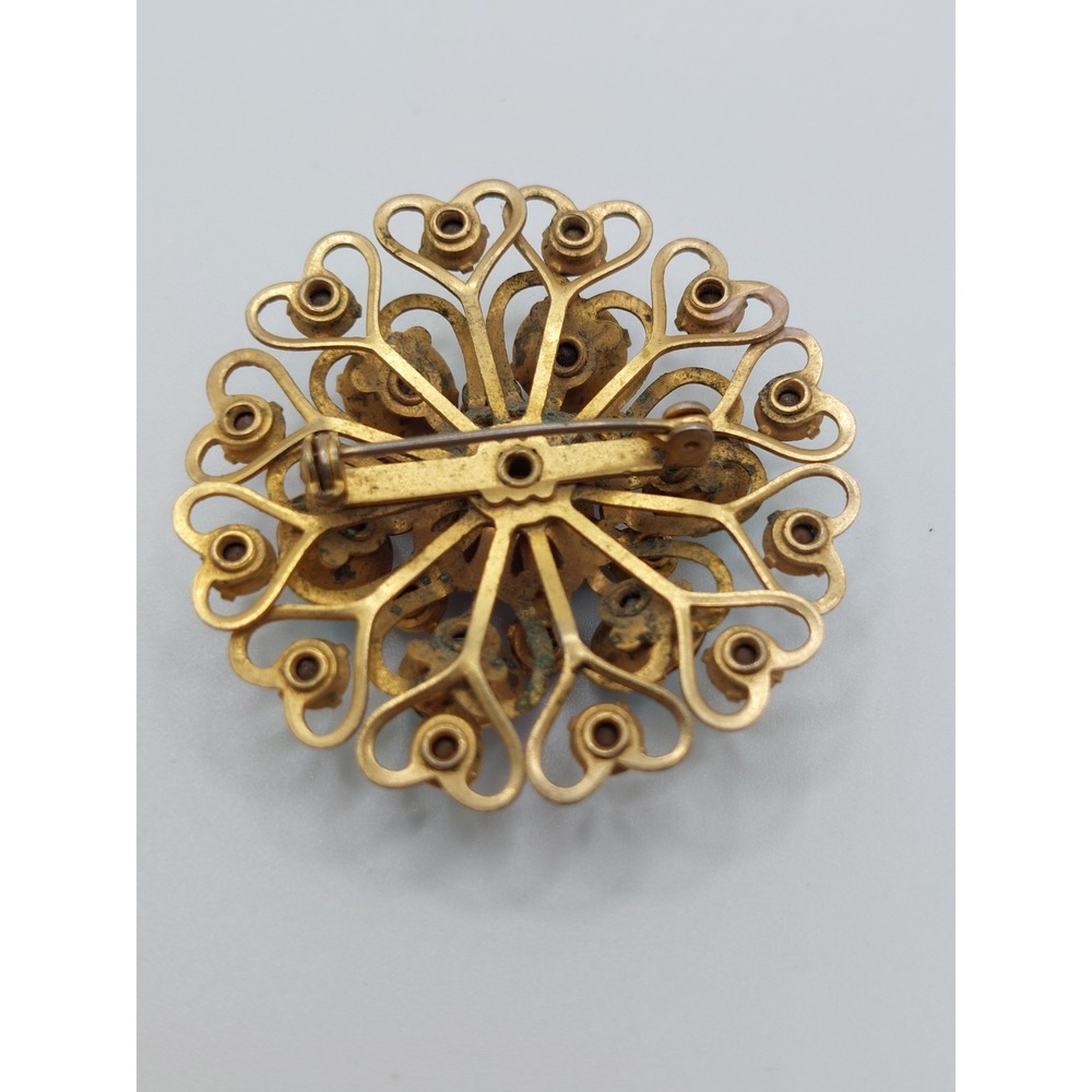 Aurora Borealis Rhinestone Brooch Gold Filigree Flower Grandmillennial Vintage - Picture 7 of 12